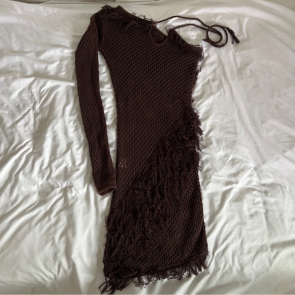 Tularosa Brown Knit One Shoulder Fringe Mini Dress Revolve Boho Festival XS - Picture 4 of 11
